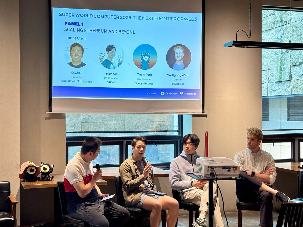 brevis_zk's tweet photo. 💻We started things off at @EthStorage's Super World Computer 2025!

Showing how #ZK proofs + our zkCoprocessor turn off-chain compute into verifiable facts on-chain—already live with @LineaBuild, @MetaMask, @PancakeSwap, and @beefyfinance.

Panel Title: Scaling Ethereum and Beyond
Speakers:
Barry, Ecosystem Lead at Brevis
Taem Park, Co-founder of Sunnyside Labs
Qi Zhou, Founder at QuarkChain/EthStorage (@qizhouz)
Wolfgang Welz, DevRel at @boundlesshq