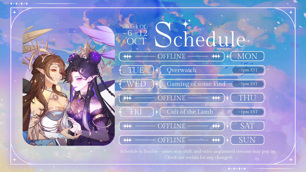 Stream schedule for next week is up! We are going to be playing Overwatch &amp; Cult of the Lamb💙💜