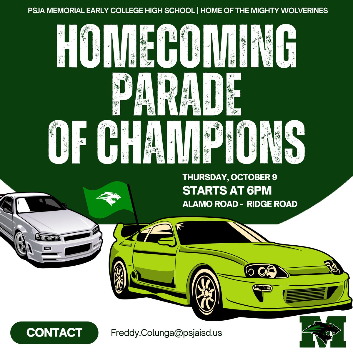 It's Homecoming Week, Wolverine Family!

Come out on Thursday October 9 to support our team at the annual Parade of Champions followed immediately by the Burning of the M.