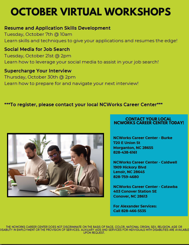 WPWorkforceDev's tweet image. 📢 Check out this week’s Workforce Happenings! 📢
Stay up to date with Western Piedmont NCWorks Career Centers:
✅ Job fairs &amp;amp; hiring events
✅ Virtual workshops
✅ NCWorks Access Points
See how NCWorks can help you reach your goals!
#NCWorks #WesternPiedmont #WorkforceHappenings