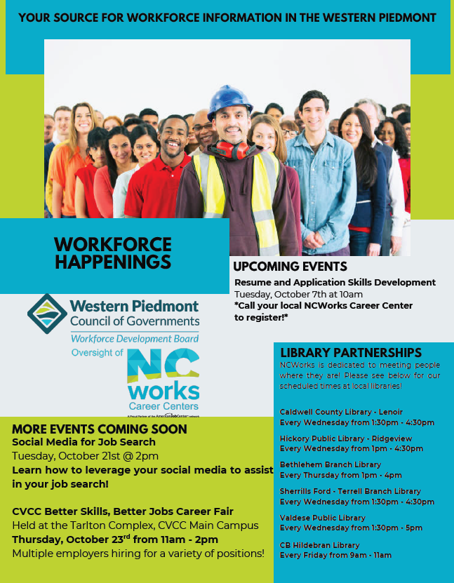 WPWorkforceDev's tweet image. 📢 Check out this week’s Workforce Happenings! 📢
Stay up to date with Western Piedmont NCWorks Career Centers:
✅ Job fairs &amp;amp; hiring events
✅ Virtual workshops
✅ NCWorks Access Points
See how NCWorks can help you reach your goals!
#NCWorks #WesternPiedmont #WorkforceHappenings