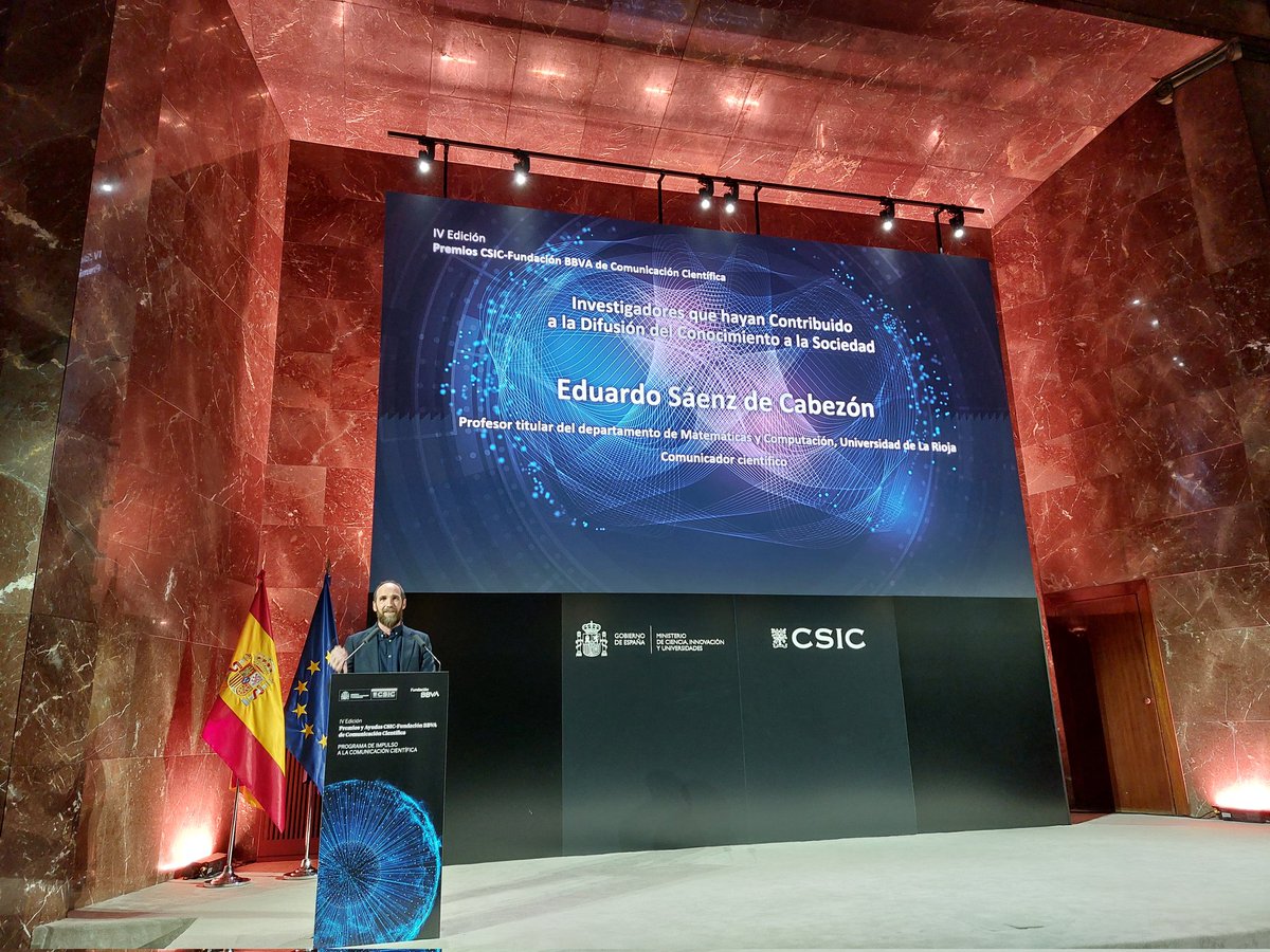 <a href="/CSIC/">CSIC</a> <a href="/delPinoE/">Eloísa del Pino</a> <a href="/IDAEA_CSIC/">Inst. of Environmental Assessment & Water Research</a> <a href="/ebdonana/">Estación Biológica de Doñana - CSIC</a> <a href="/iesa_csic/">IESA CSIC</a> <a href="/EEZCSIC/">Estación Experimental del Zaidín (CSIC)</a> <a href="/_ICMAT/">Inst. de Cc. Matemáticas</a> <a href="/ift_uam_csic/">Inst. Física Teórica</a> <a href="/ice_csic/">Institute of Space Sciences (ICE-CSIC)</a> <a href="/iaa_csic/">IAA-CSIC</a> <a href="/CSICdivulga/">CSIC Divulga</a> <a href="/edusadeci/">Eduardo Sáenz de Cabezón</a> <a href="/orbitalaika_tve/">Órbita Laika</a> <a href="/unirioja/">Universidad de La Rioja</a> <a href="/EFEciencia/">EFEciencia</a> “La divulgación científica tiene un papel esencialmente social, porque contribuye a que el terreno ganado por la ciencia forme parte del terreno común desde el que podemos trabajar por una sociedad mejor”, afirma Eduardo Sáenz de Cabezón <a href="/edusadeci/">Eduardo Sáenz de Cabezón</a> en su discurso