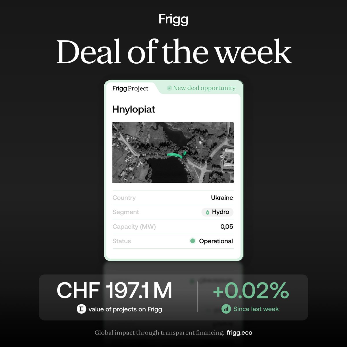 FriggEco's tweet image. 💧 Deal of the Week: Ukrainian Hydro

This small, operational run-of-river hydro plant in Ukraine is being refurbished to strengthen local energy resilience. Projects like this highlight how distributed renewable infrastructure can play a vital role in rebuilding and securing…