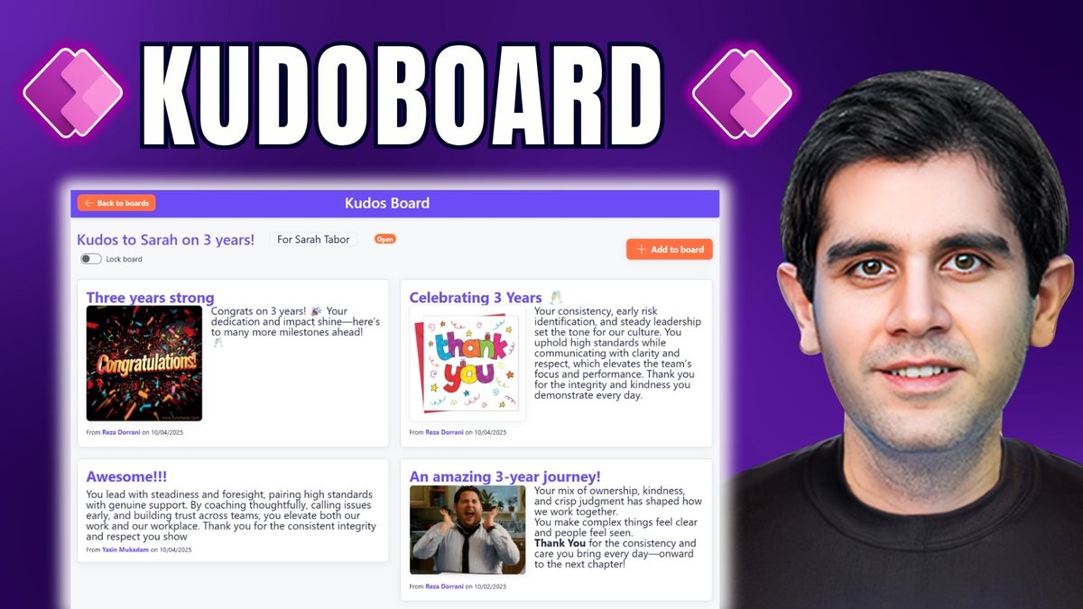 rezadorrani's tweet image. 🚀 Power Apps showcase: Kudo Board using Model-driven Apps + Generative Pages

Watch here 📽️: youtu.be/DBlI0pQjfJs

A Kudo board = a shared digital board for messages, images, and GIFs—perfect for recognition, milestones, and peer kudos.

#PowerApps #Dataverse