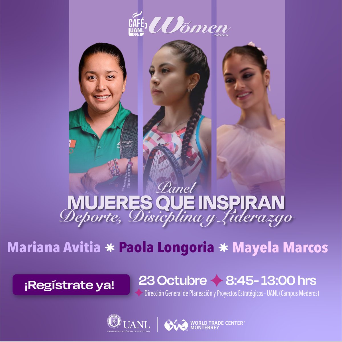 Ellas rompen límites, inspiran y representan el poder de las mujeres mexicanas 💫

Conoce a Mariana Avitia, Paola Longoria y Mayela Marcos en el panel “Mujeres que inspiran: Deporte, Disciplina y Liderazgo” 🏹🎾🎀

¡Asegura tu acceso aquí! 🌸👉🏼  wtcmonterrey.wixsite.com/eventos-wtc/de…