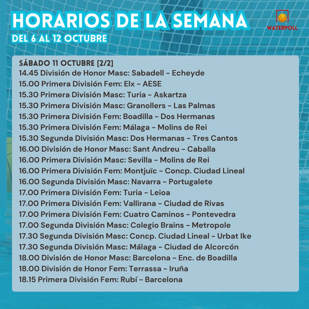 _waterpoll_'s tweet photo. 𝐇𝐎𝐑𝐀𝐑𝐈𝐎𝐒 𝐃𝐄 𝐋𝐀 𝐒𝐄𝐌𝐀𝐍𝐀
¡Ya tenéis disponibles los horarios de la semana de Waterpoll!

Empezamos la liga este fin de semana, pero antes... ¡la Supercopa de Europa!

#waterpolo #horarioswp #waterpoll https://t.co/5K9VVaBydl