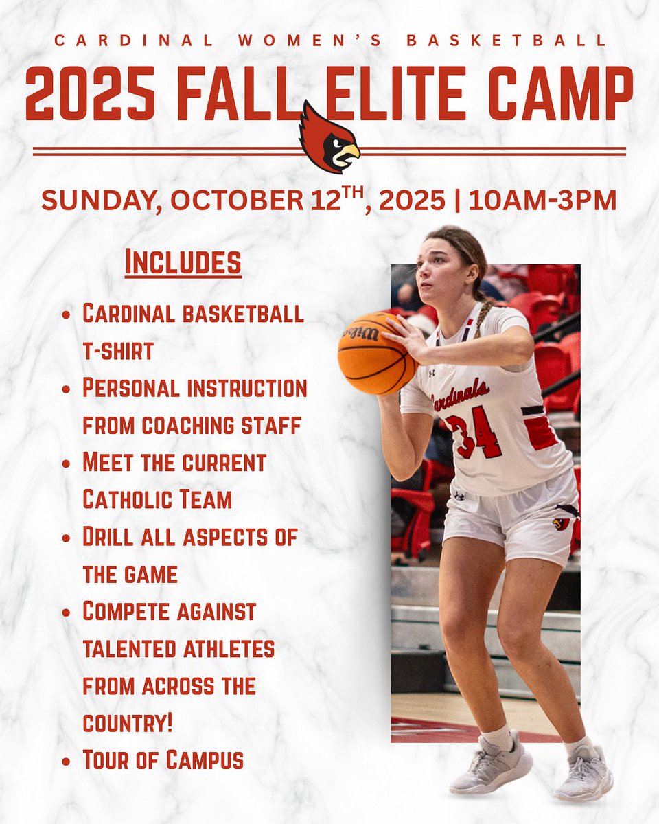 Fall Elite Camp | Sunday, October 12th | 10am-3pm 🏀
•
Less than a week away from Elite Camp!! Make sure you reserve your spot today by clicking the link below 👇! We hope to see you there!
•
cardinalbasketballacademies.com/camps-womens.p…
•
#EliteCamp #ThisIsCatholicU #Elite #NeverSettle