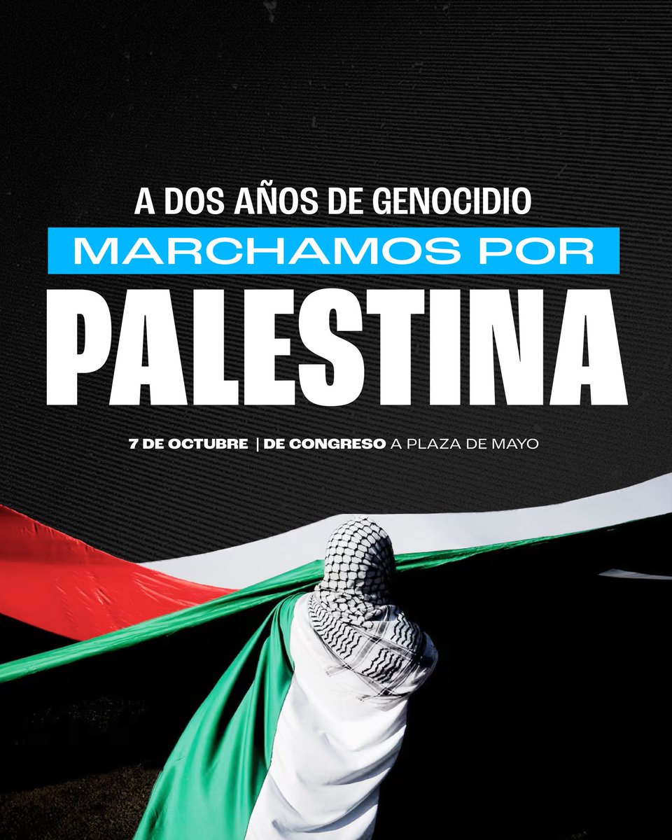🇵🇸 MARCHAMOS POR PALESTINA

A dos años del comienzo del genocidio de Israel al pueblo Palestino, nos encontramos en las calles. 

📢 Exigimos la liberación inmediata de la tripulación del <a href="/GlobalSumud/">Global Sumud Flotilla</a> 

📢 Exigimos el fin del genocidio.

¡Sanciones a Israel!