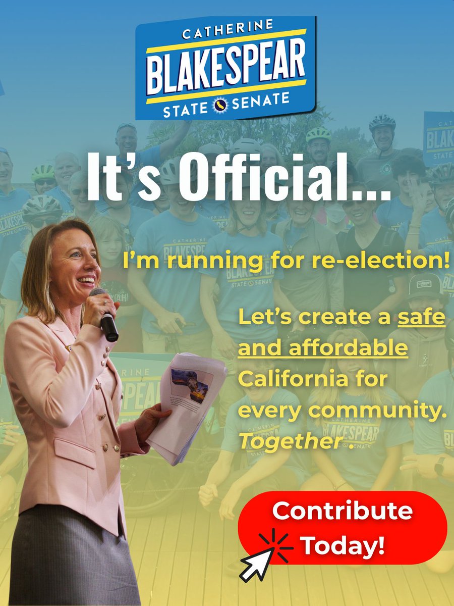 Catherine Blakespear (@cblakespear) on Twitter photo It’s official — I’m running for re-election to the State Senate! Everywhere I go, I hear the same thing: families are struggling, and people want to feel safe. That’s why I’m running to keep fighting for a California that works for everyone. Chip in today! secure.actblue.com/donate/catheri… It’s official — I’m running for re-election to the State Senate! Everywhere I go, I hear the same thing: families are struggling, and people want to feel safe. That’s why I’m running to keep fighting for a California that works for everyone. Chip in today! secure.actblue.com/donate/catheri…