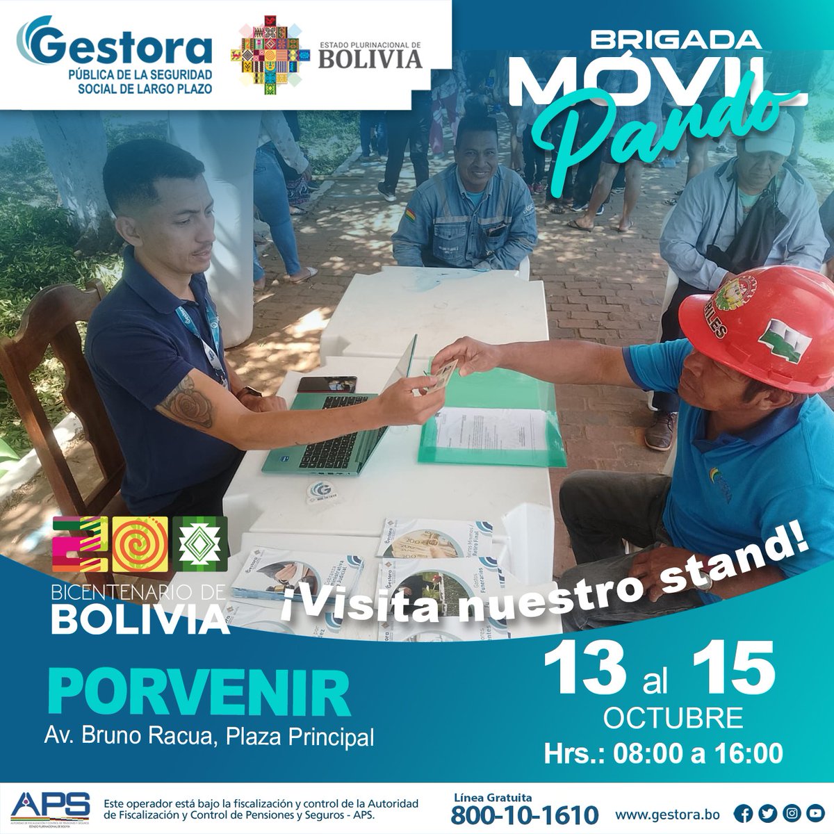 📢Brigada Móvil en Pando🧑🏻💻Desde el 13 al 15 de octubre en la Plaza principal Avenida Bruno Racua. De 08:00 a 16:00 horas, así podrá disipar todas sus dudas de los servicios que ofrece la empresa estatal. 
#LaGestoraAvanza
#BrigadaMovil