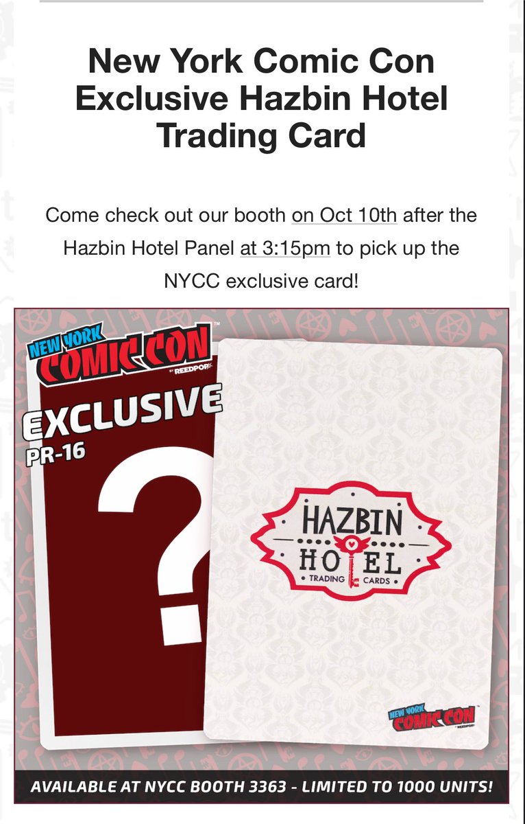 eucheon's tweet photo. New Hazbin Hotel Trading Card will be available at the Shark Robot booth at New York Comic Con this weekend, limited to 1,000 units. #HazbinHotel #TradingCards #NYCC https://t.co/H9PRhm2o6E