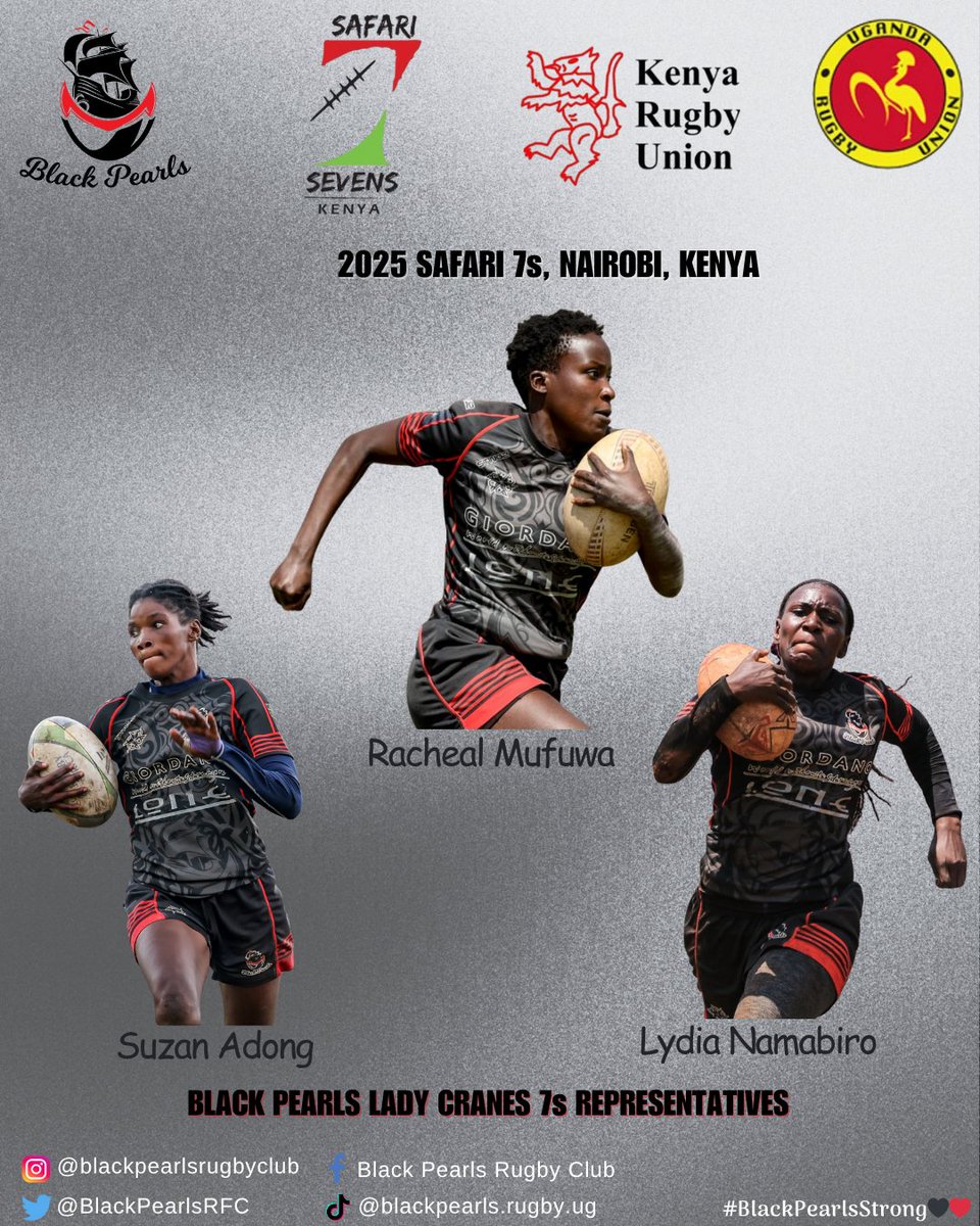BlackPearlsRFC's tweet image. We have 3 gems on the @LadyCranesRugby 7s squad to Kenya for the #Safari7s: 🤗 Rib Crusher 😤, aka Lydia Namabiro, is the vice captain, while Woman of Steel 🦾, aka Suzan Adong, &amp;amp; Road Runner 🌀, aka Racheal Mufuwa, also made the cut.

Congratulations! 🥳

#BlackPearlsStrong 🖤♥️