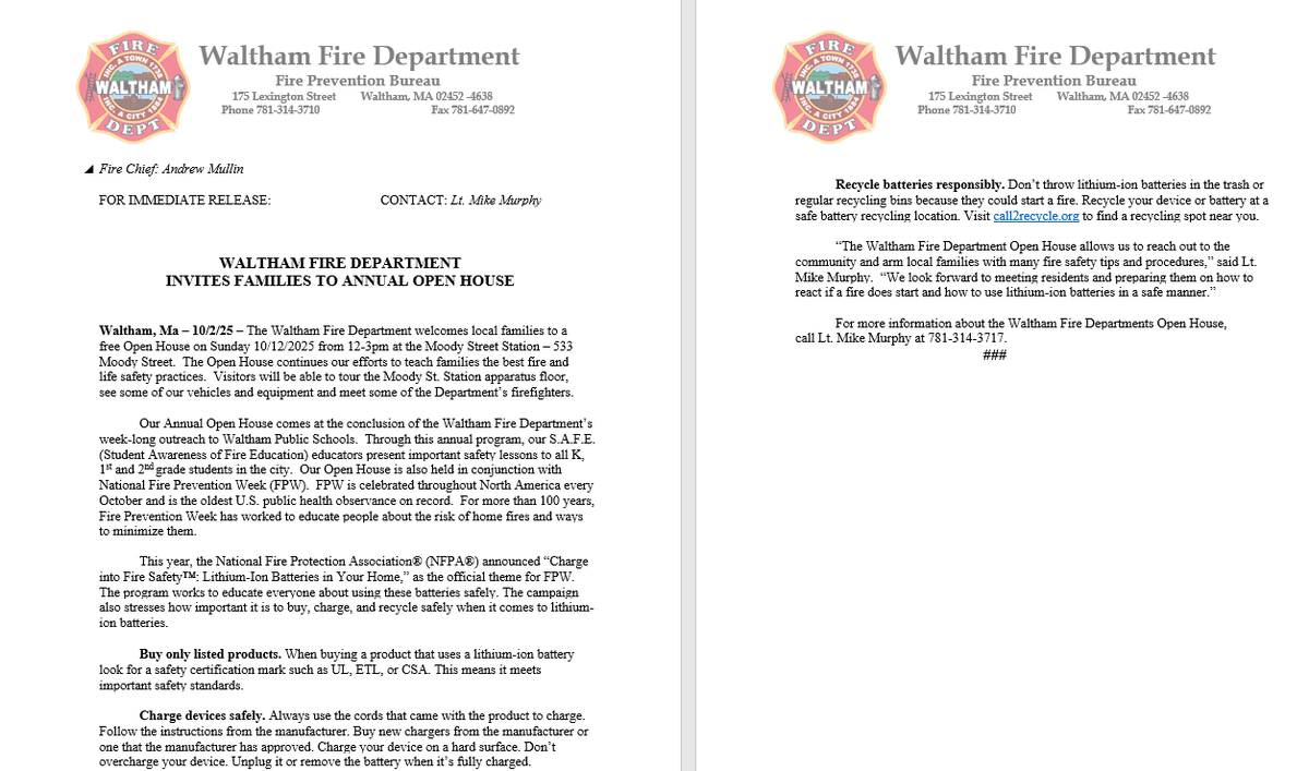 WalthamFireDept's tweet image. Fire Prevention Open House Info - Sunday 10/12/2025 from 12-3pm at Moody St. Station