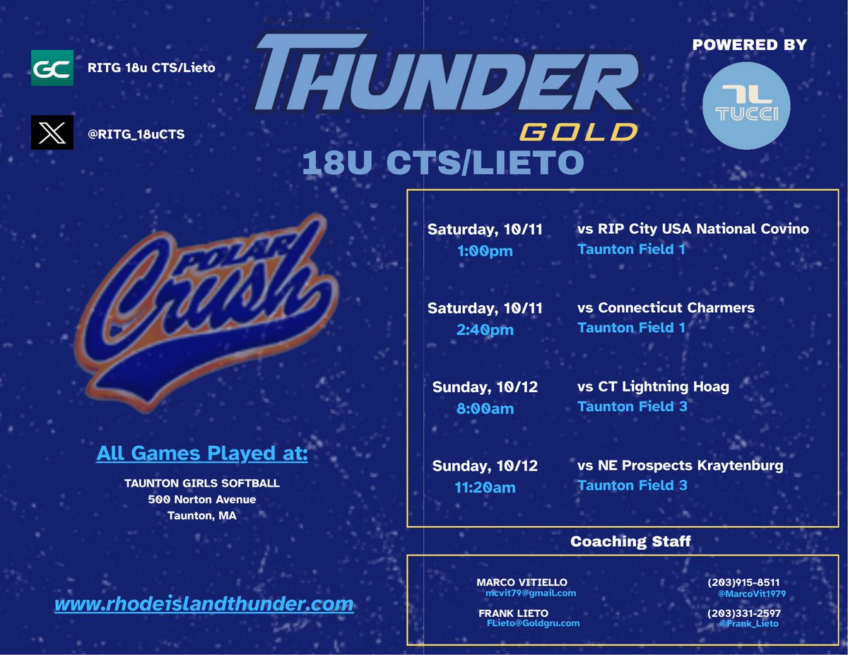 So excited to play with <a href="/RITG_18uCTS/">RITG 18u CTS/Lieto</a> this weekend for the NE College Showcase! Below is our schedule!
<a href="/Frank_Lieto/">Frank Lieto</a> <a href="/Ritg16uLieto/">RITG 16u National Lieto/Lotti</a> <a href="/robert30930/">Robert Farmer</a> <a href="/petesinapi/">Pete Sinapi</a> <a href="/MarcoVit1979/">Marco Vitiello</a>