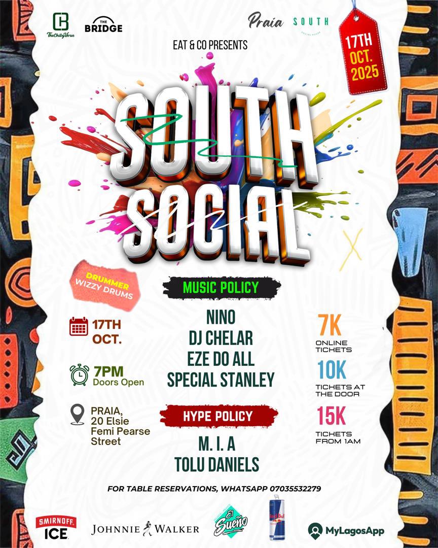 South Socials is back on the 17th of October, baby 🥳🥳🤍

Music: <a href="/boy_niino/">eninomeh</a> | DJ Chelar | <a href="/ezedoall/">🤴🏽</a> | <a href="/SpecialSTANLEY_/">Special</a> | <a href="/Wizzydrumz4/">Wizzy_drumz</a> 
Hype: <a href="/TheToluDaniels_/">The Party Animal</a> | <a href="/themelodynotmia/">M.I.A</a> 

Thechibyverse.com for tickets 🎟️ 
WhatsApp 07035532279 for Table reservations 

Sponsors: