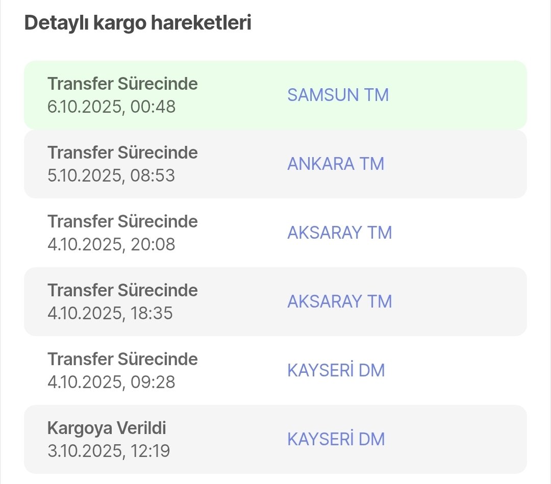 Hepsiburada üzerinden Perşembe akşamı sipariş ettiğim ürün Kayseri merkezli bir satıcı tarafından Cuma günü kargoya verildi. Teslimat adresi Trabzon olmasına rağmen garip şekilde Kolay Gelsin adlı kargo firması pakete Türkiye turu yaptırıyor 😂 <a href="/hepsiburada/">Hepsiburada</a> <a href="/KolayGelsinTr/">Kolay Gelsin</a>
