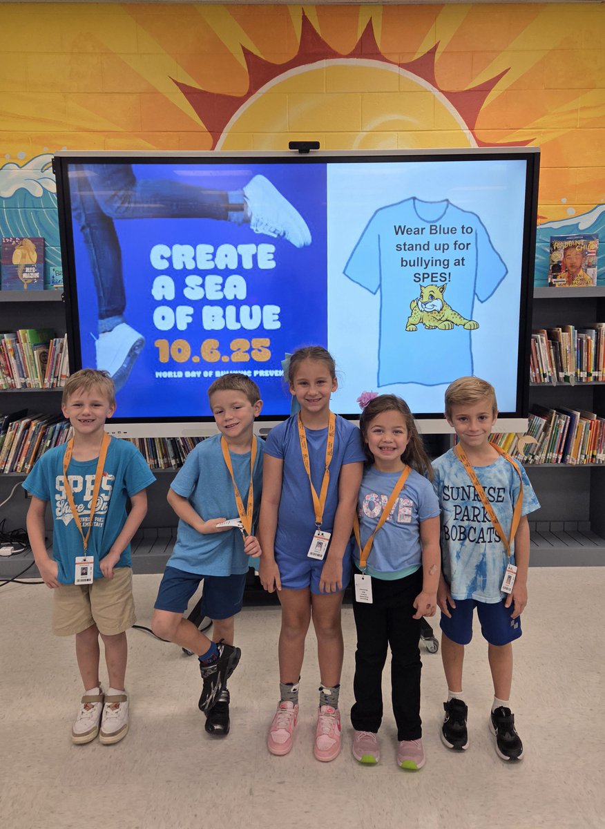 AngelaBrentHar1's tweet photo. Our Sunrise Park Bobcats are shining bright in blue! 💙🌟Together we’re standing strong against bullying and creating a SEA OF BLUE for World Day of Bullying Prevention! 🌊🐾 @pbcsd @ShineonSPES 
#SPESPride #BlueUp #BeKind #SunriseStrong https://t.co/WEz30Wo6QE