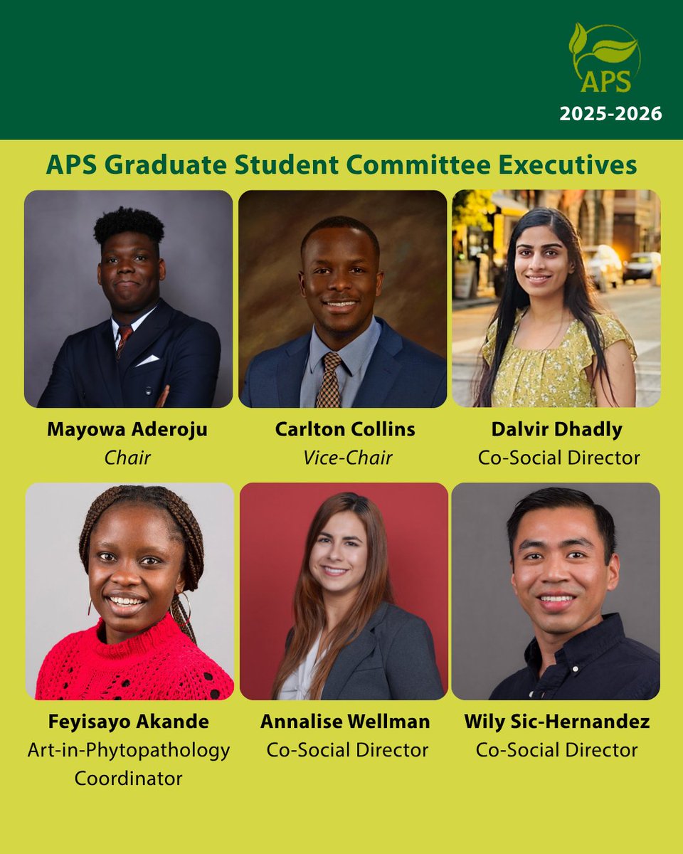 Welcome <a href="/plantdisease/">The American Phytopathological Society</a>  Graduate Student Committee 2025-2026 Executives!
<a href="/Mayowa_Nema/">Mayowa Aderoju</a> 
<a href="/CarltonCol73391/">Carlton Collins</a> 
<a href="/DhadlyD/">Dalvir Dhadly</a> 
Feyisayo Akande 
Annalise Wellman
Wily Sic-Hernandez 

#leadership #graduatestudents #phytopathology #APS #executives #Agriculture