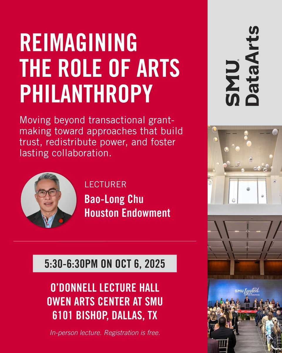 smumeadows's tweet image. Join SMU DataArts tonight for a lecture with Bao-Long Chu as he shares insights into how funders can serve as accountable intermediaries while contributing to an emerging arts policy framework. 

Learn more and register: buff.ly/KlABqxV 

#SMU #SMUMeadows #SMUDataArts