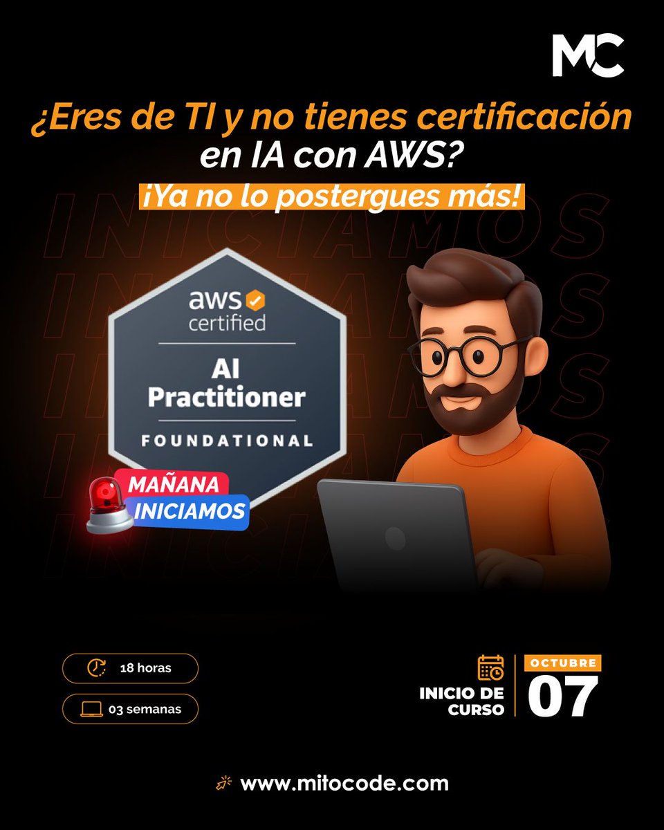 mitocode's tweet image. 🚨 MAÑANA INICIAMOS 🚨

Conviértete en un profesional certificado en AWS AI y abre nuevas oportunidades 👨🏻💻👩🏻💻. 

¡Pregunta por los descuentos corporativos! 

🚨 CUPOS LIMITADOS: AWS Certified AI Practitioner
📆 Inicio: 07 de Octubre
📲 buff.ly/UsWSJwx
.
#mitocode #ai