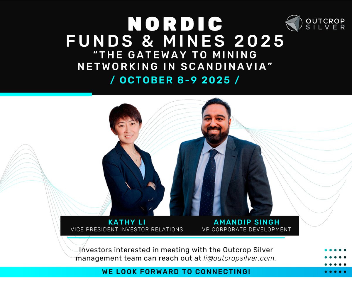 OCG_Silver's tweet photo. #OutcropSilver at Nordic Funds & Mines 2025
From October 8–9, 2025, #OutcropSilver will join leading investors and mining companies at the Nordic Funds & Mines Conference — the gateway to mining networking in Scandinavia.
As one of the world’s highest-grade primary silver projects, Santa Ana offers a rare combination of grade, scale potential, and outstanding recoveries — making it a standout pure-silver opportunity in the market today.
The management team will meet with investors in Stockholm to share how Outcrop Silver continues to advance toward building a tier-one silver company.
$OCG.V $OCGSF #Silver @OCG_Silver
Outcrop Silver: Grade Within Reach.
