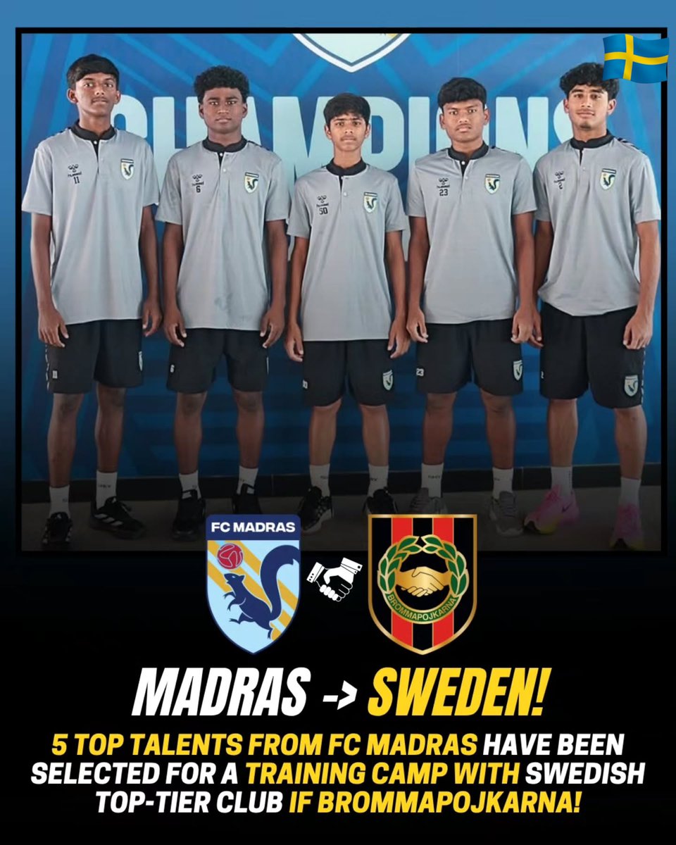 Infootyofficial's tweet photo. 🇮🇳⚽ Big step for India’s next-gen! 5 FC Madras talents head to 🇸🇪 IF Brommapojkarna for elite training &amp; exposure. Same academy that shaped stars like Gyökeres &amp; Kulusevski 🌍🔥 #IndianFootball #FutureStars #DreamBig https://t.co/zfJPDivHxV