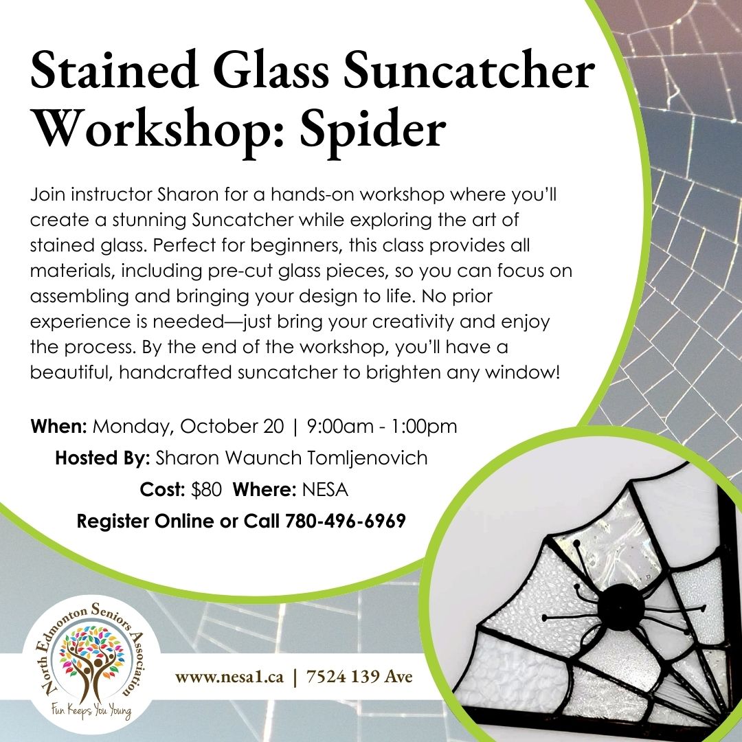 NESAyeg's tweet image. 🕷️ Create your own spiderweb suncatcher! This beginner-friendly stained glass workshop includes all materials, just bring your creativity.

👉 Register online ow.ly/eRNg50X0vpQ or call us at 780-496-6969

#NESAyeg #StainedGlass #FallWorkshop #SeniorsPrograms