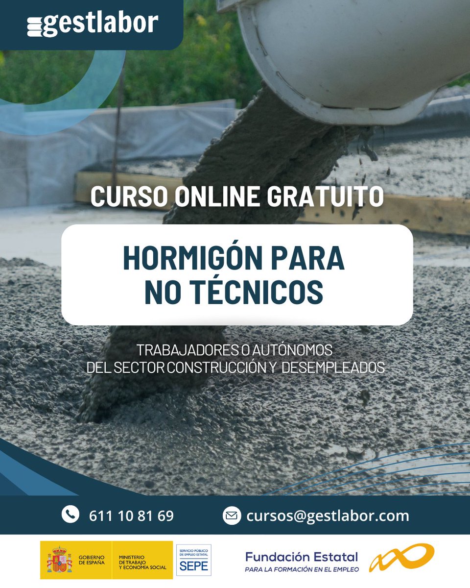 gestlabor's tweet photo. En Gestlabor te ofrecemos cursos 100% online y subvencionados para que sigas creciendo profesionalmente sin coste alguno.

🔹 Dosificación en la elaboración del hormigón
🔹 Hormigón para no técnicos

📩 Solicita tu plaza: cursos@gestlabor.com
📞 Más info: 611 10 81 69

#gestlabor https://t.co/qSv36pf1Hj