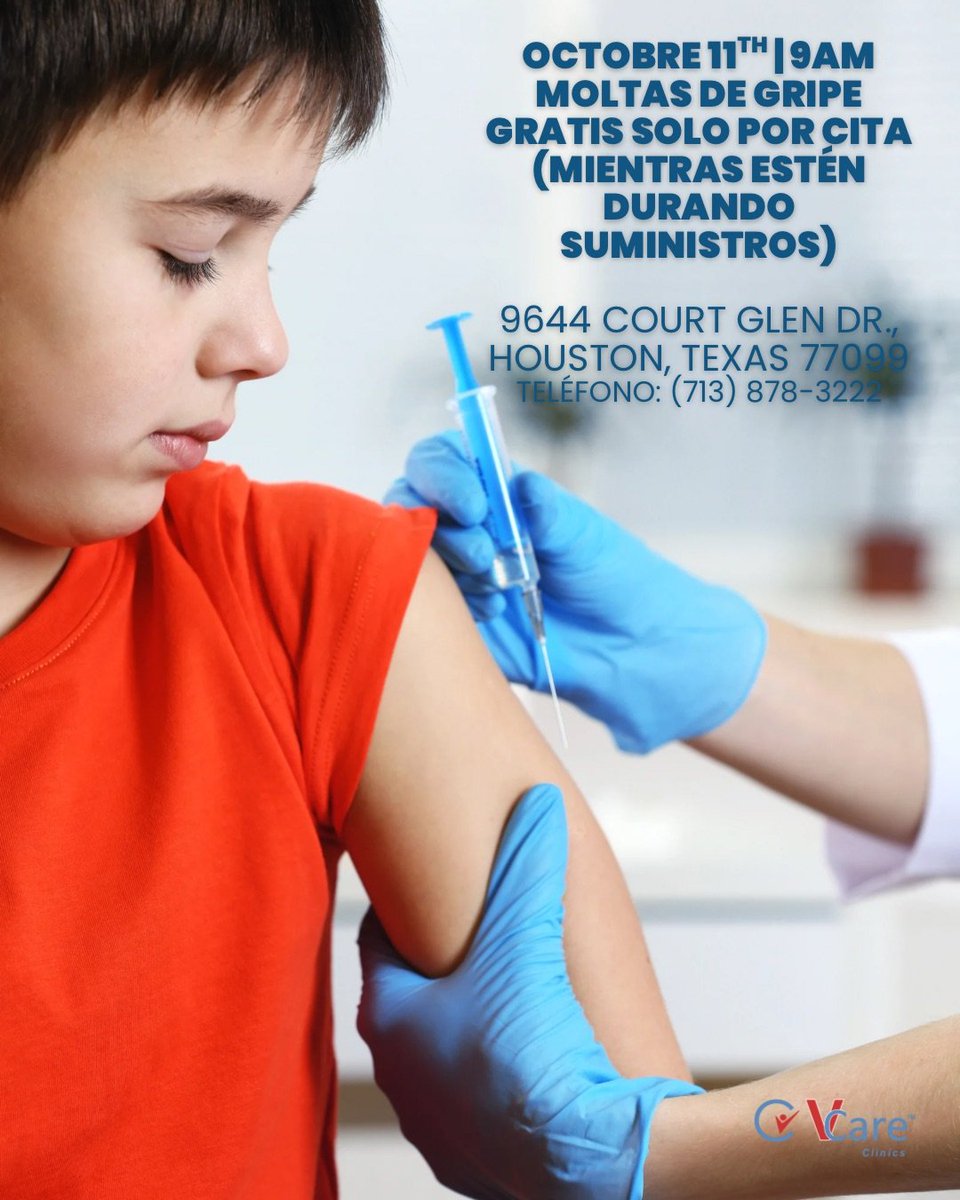 Protect your health this season! Stop by VCare Southwest Clinic on October 11 for a free flu shot. Doors open at 9 AM—available while supplies last.

9644 Court Glen Dr., Houston, Texas 77099
Phone: 713-878-3222

#flushot
#seasonalallergies
#flu
#vcare
#communityclinic