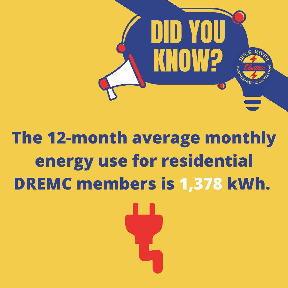The average Duck River Electric member uses 1,378 kWh of electricity each month. That’s enough to keep your house cool, your leftovers cold, and your Wi-Fi running strong for all those late-night streaming sessions! 🔌