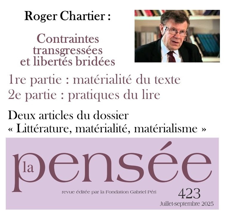 Roger Chartier, "Contraintes transgressées et libertés bridées"
shs.cairn.info/revue-la-pense… 
shs.cairn.info/revue-la-pense… 
1re partie : matérialité du texte 
2e partie : pratiques du lire
Deux articles du dossier « Littérature, matérialité, matérialisme » 
<a href="/Cairninfo/">Cairn.info</a>
