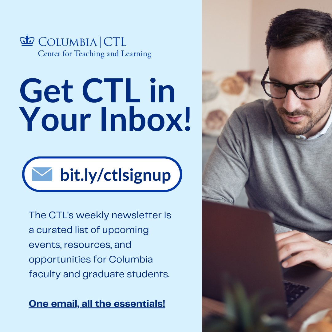 ColumbiaCTL's tweet photo. 🎯 Get insider access to Columbia's teaching ecosystem! The best opportunities don't always make general announcements.
Our CTL newsletter delivers pedagogy workshops, educational resources &amp; special events designed specifically for educators.
Sign up: https://t.co/4sRJWavqYW https://t.co/Bh3j1jLZlJ