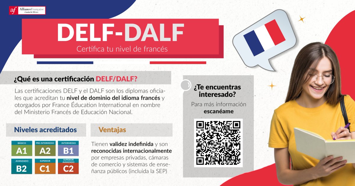 AFMexico's tweet photo. ☝️ Recuerden que están abiertas las inscripciones para presentar el #DELF #DALF para todo el público.
🔴 No esperes más ➕ Certifica tu francés con nosotros.
#DELF #DALF #Francés #Certificación #AFMX https://t.co/rzITyfZ10h
