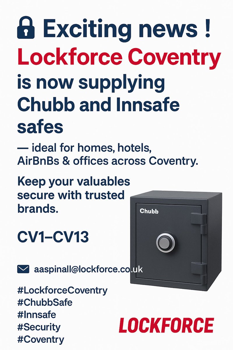Lockforce_Cov's tweet image. 🔐Exciting news!🔐
Lockforce Coventry is now supplying Chubb and Innsafe safes — ideal for homes, hotels, AirBnBs &amp;amp; offices across Coventry.
Keep your valuables secure with trusted brands.
📍 CV1–CV13
✉️ aaspinall@lockforce.co.uk
#LockforceCoventry #ChubbSafe #Innsafe #Security