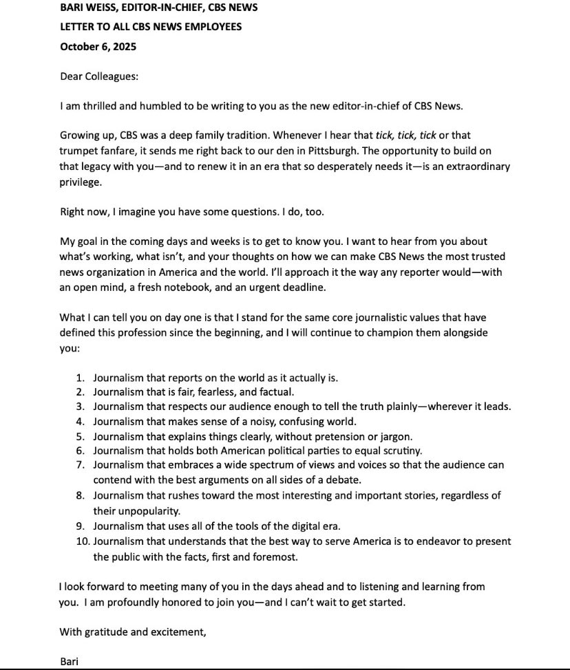 New CBS editor in chief <a href="/bariweiss/">Bari Weiss</a> could do with the editors pen in her letter to staff. Using the construction ‘journalism that:’ followed by her numbered points would avoid needless repetition of the phrase and make the points more punchy.