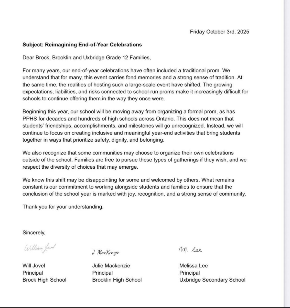 REWoman's tweet photo. Now they want to get rid of proms because that is divisive.  What has happened to Canada !   If you drive by a high school where the kids are picketing - give them a honk! https://t.co/KaYILet3VK