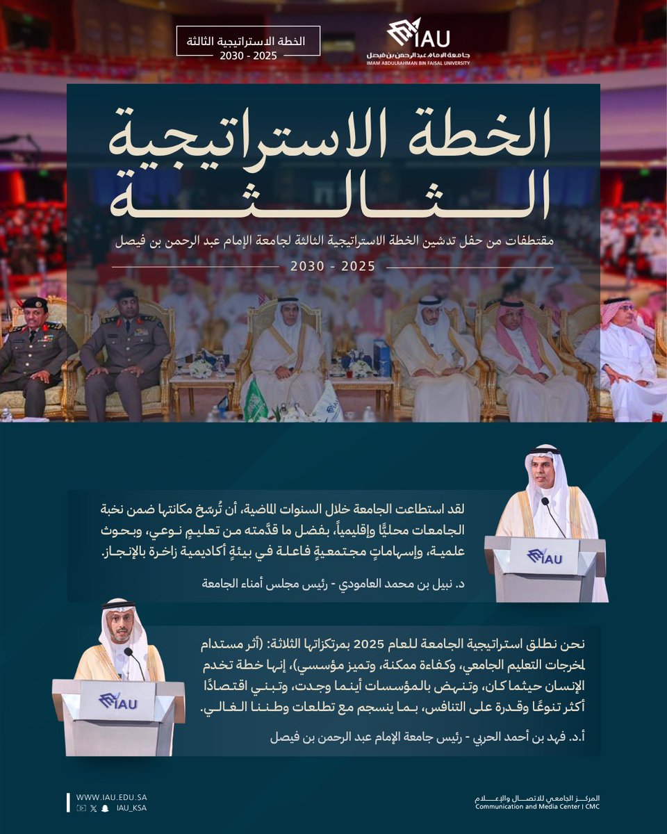 مقتطفات من كلمة 
معالي رئيس مجلس أمناء الجامعة 
د.نبيل بن محمد العامودي 
ورئيس #جامعة_الإمام_عبدالرحمن_بن_فيصل 
سعادة أ.د. فهد بن أحمد الحربي 
خلال حفل تدشين الخطة الاستراتيجية الثالثة لـ #جامعة_الإمام_عبدالرحمن_بن_فيصل
 (2025 - 2030)

#جامعة_سباقة_في_صناعة_المستقبل 💫