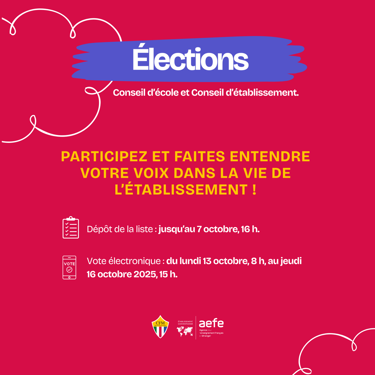 CFMGuadalajara's tweet photo. 🇫🇷 Le rôle des parents d’élèves dans la politique éducative menée par les établissements français est essentiel. Les parents participent aux décisions de la communauté éducative.
Nous vous invitons à voter !
#aefe #aefeinfo #MonLycéeFrançais #CFMGuadalajara https://t.co/6aiRcqmJ6A