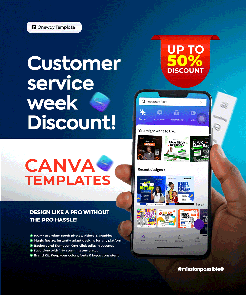 onewaytemplate's tweet image. It’s #CustomerServiceWeek! 🎉

We’re saying THANK YOU with a special Canva template discount.
Create stunning designs, save time &amp;amp; money with Onewaytemplate 💙
Limited time only — grab yours now! 🚀

#CanvaTemplates #DesignMadeEasy