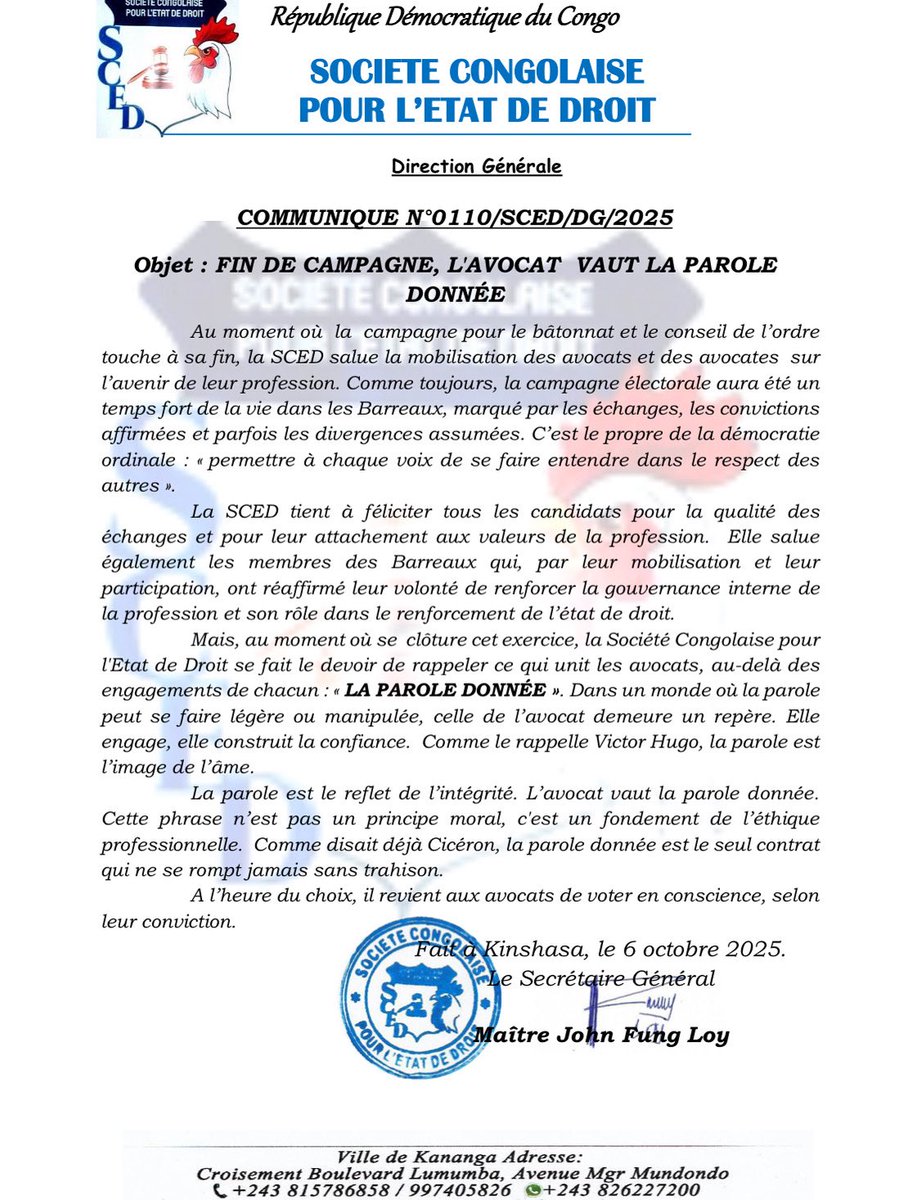 SCED49609063's tweet image. 🚨COMMUNIQUE N°0110/SCED/DG/2025
——————————————————

Objet : FIN DE CAMPAGNE, L’AVOCAT VAUT LA PAROLE DONNÉE.
#Sced