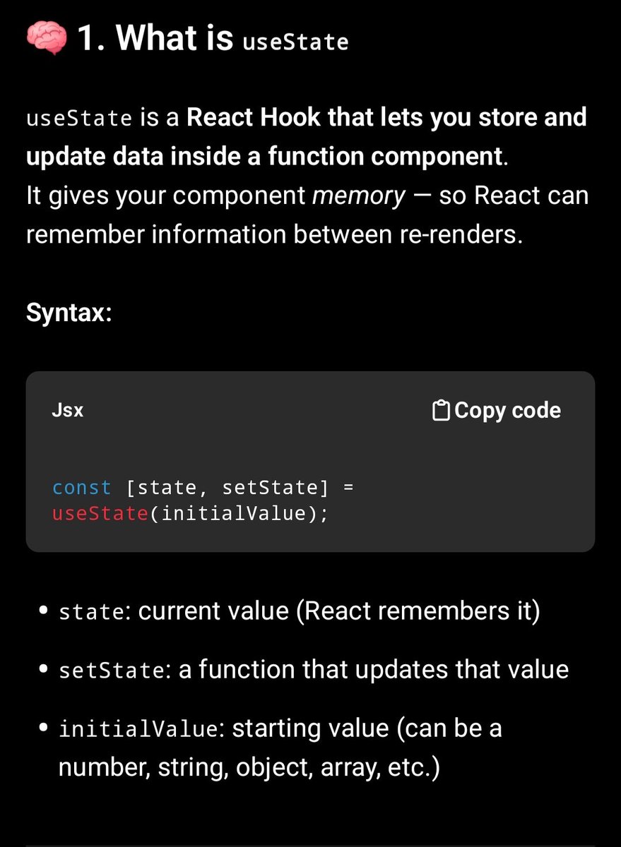Bigyan_99's tweet photo. #LUD9
Today I explored useState hook in React and learned :
🔹Why it is used,
🔹How it works internally,
🔹Examples of usage,
🔹Methods to update state,
🔹Real-Life Use Cases,
🔹Common Pitfalls and Solutions
#LearningUtsav2025
#FestivalOfLearning
#WebDevelopment
#ReactJS https://t.co/0fEP0YTcuP