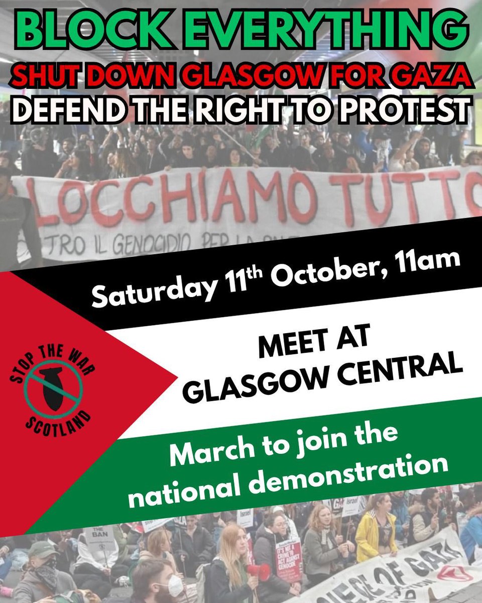 GlasgowStopWar's tweet photo. ๐ต๐ธ National March for Palestine
๐ Glasgow Central Station
โ๏ธ Saturday 11th October, 11am
Meet at Glasgow Central station to march to the national demonstration
โผ๏ธ Two years on, we have to make this march absolutely massiveโผ๏ธ
#AllToGlasgow11Oct #ShutItDownForPalestine https://t.co/LiP8oMZsaQ