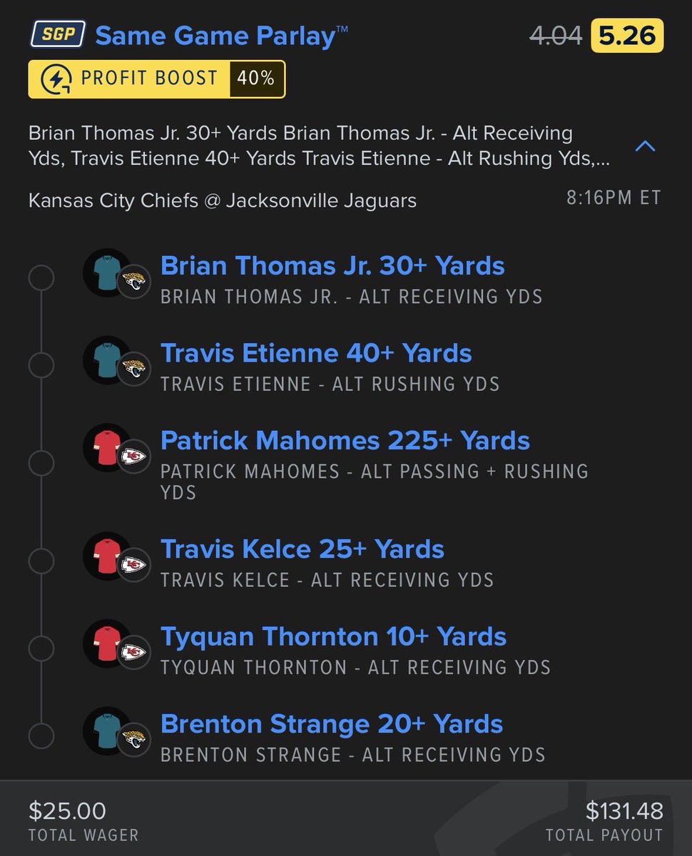 ParlayHawk's tweet photo. MNF PARLAY → Chiefs vs. Jaguars 🏈

→ Brian Thomas Jr. 30+ Receiving Yards
→ Travis Etienne 40+ Rushing Yards
→ Patrick Mahomes 225+ Passing/Rush Yards
→ Travis Kelce 25+ Receiving Yards
→ Tyquan Thornton 10+ Receiving Yards
→ Brenton Strange 20+ Receiving Yards

Goodluck if tailing. Watered down version is posted in VIP. Lets fly 🦅🍀