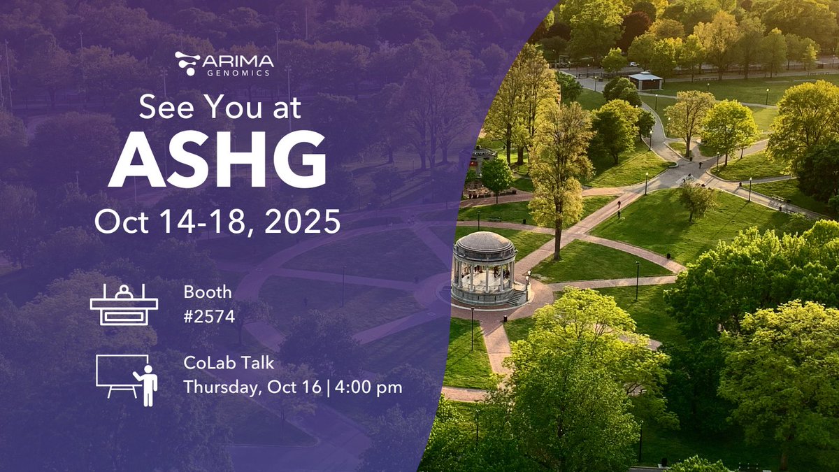 ArimaGenomics's tweet photo. We will be at #ASHG2025! Here's where to find us if you're attending:

Booth: #2574
CoLab Talk: Oct. 16 | 4:00 PM | CoLab Theater 2

Stop by our booth to hear about our latest innovations and join our CoLab to hear how advanced #3DGenomics approaches are unlocking structural detail and functional insights into ecDNA in cancer.

Let's connect: https://t.co/7ssGVQSBnY