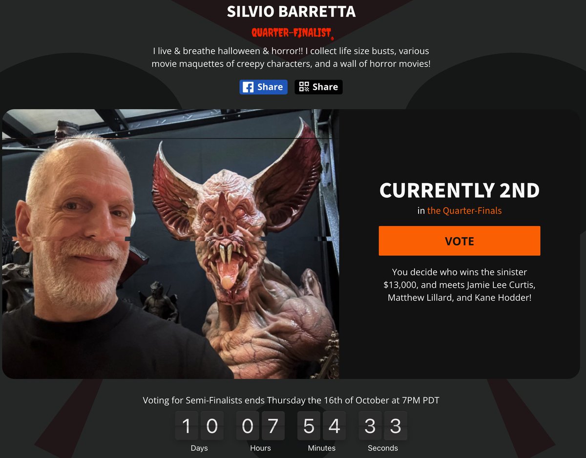 I made it through the reanimator round and in the Quarter-Finals!!🤗  I am currently in 2nd place so in order to win this round, I need to be in 1st place by Thursday the 16th of October at 7PM PDT!

Please keep the votes coming in!

faceofhalloween.org/2025/silvio-ba…
