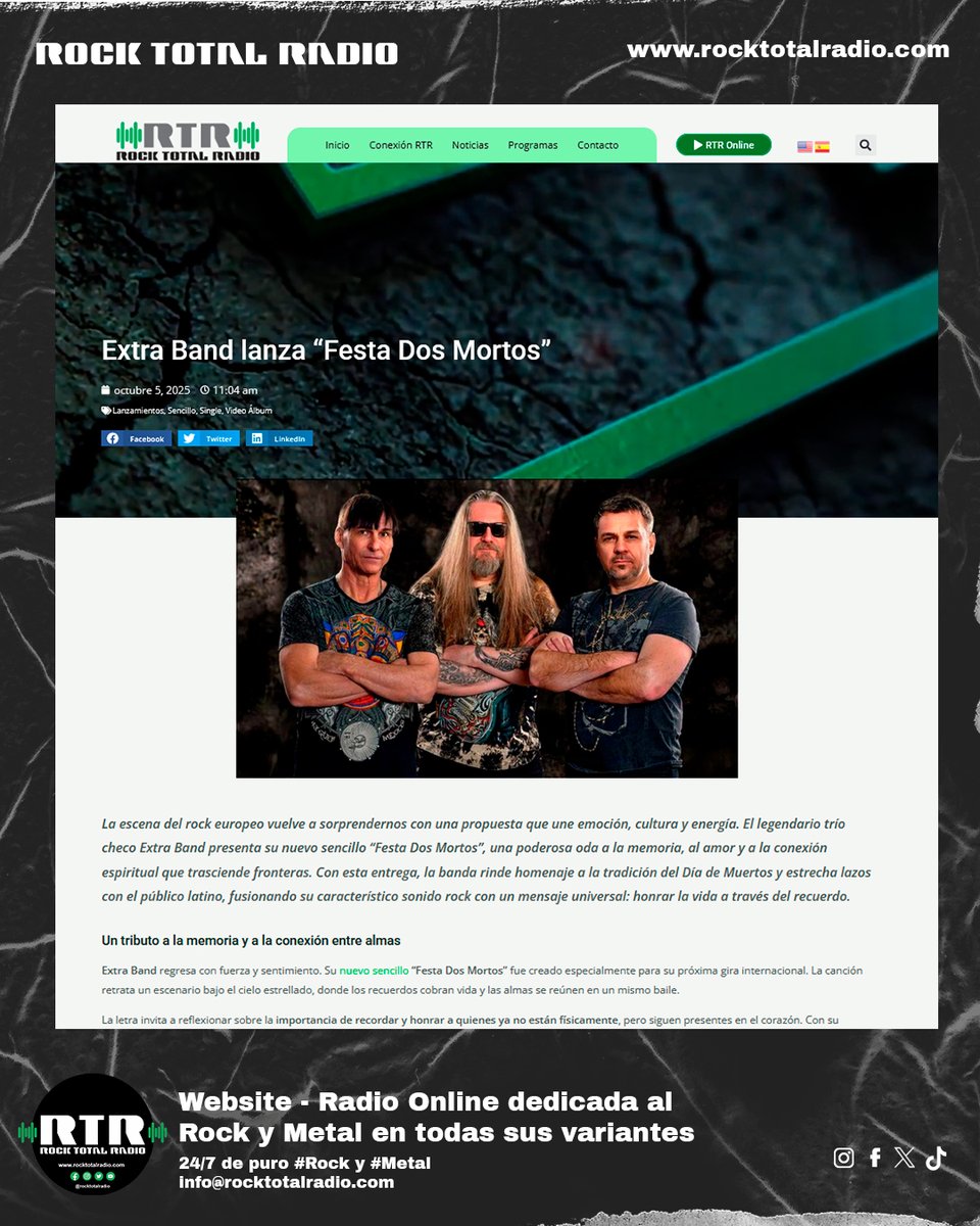RockTotalRadio's tweet photo. El trío checo Extra Band @ExtraBand_net lanza “Festa Dos Mortos”, un homenaje al amor, la memoria y las almas que nunca se olvidan. 💀
🔗https://t.co/ijP47Vk051
#ExtraBand #FestaDosMortos #RockCheco #DiaDeMuertos #RockLatino #RockTotalRadio #NewMusic #RockInternacional https://t.co/OTkn8j8wb3