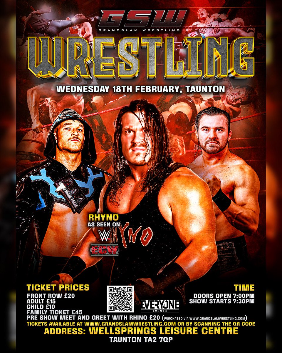 💥 TAUNTON, GRANDSLAM RETURNS 18th FEBRUARY 2026

🦏 The Man Beast himself, WWE &amp; ECW Legend RHYNO is coming to town

🦏 Want to meet RHYNO up close?
Pre-show Meet &amp; Greet tickets are available NOW!
grandslamwrestling.com
(Must have show ticket to attend)