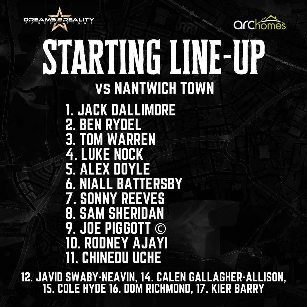 Tonight's team sheet is in for our home clash with Nantwich Town 📋

New signing Cole Hyde is on the bench, the 19-year old wing-back joins having previously represented Farsley and the Stoke City Academy 🤝