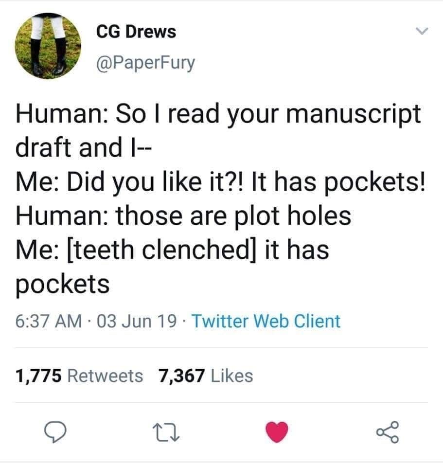 They're not plot holes they're pockets! Love this! #plotholes #amwriting #authorlife #funny