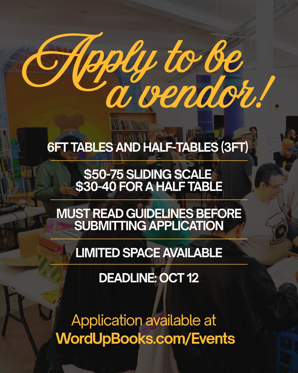 We're hosting an #ArtistVendorMarket for the community to celebrate Uptown artist! More info &amp; vendor application on WordUpBooks.com/Events 

DEADLINE TO APPLY: Sunday, October 12, 2025